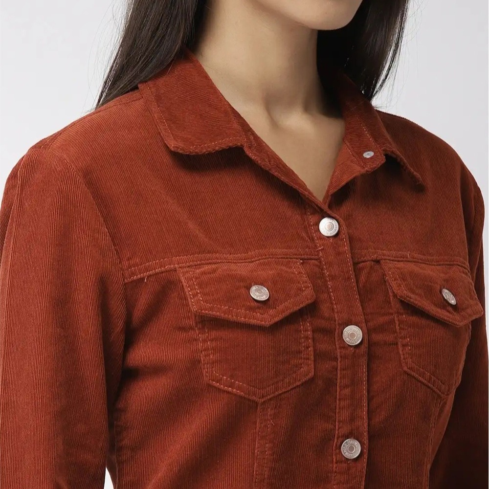 Forever 21 Corduroy Shirt Dress Women Small Rust Orange Excellent Mini Button Up